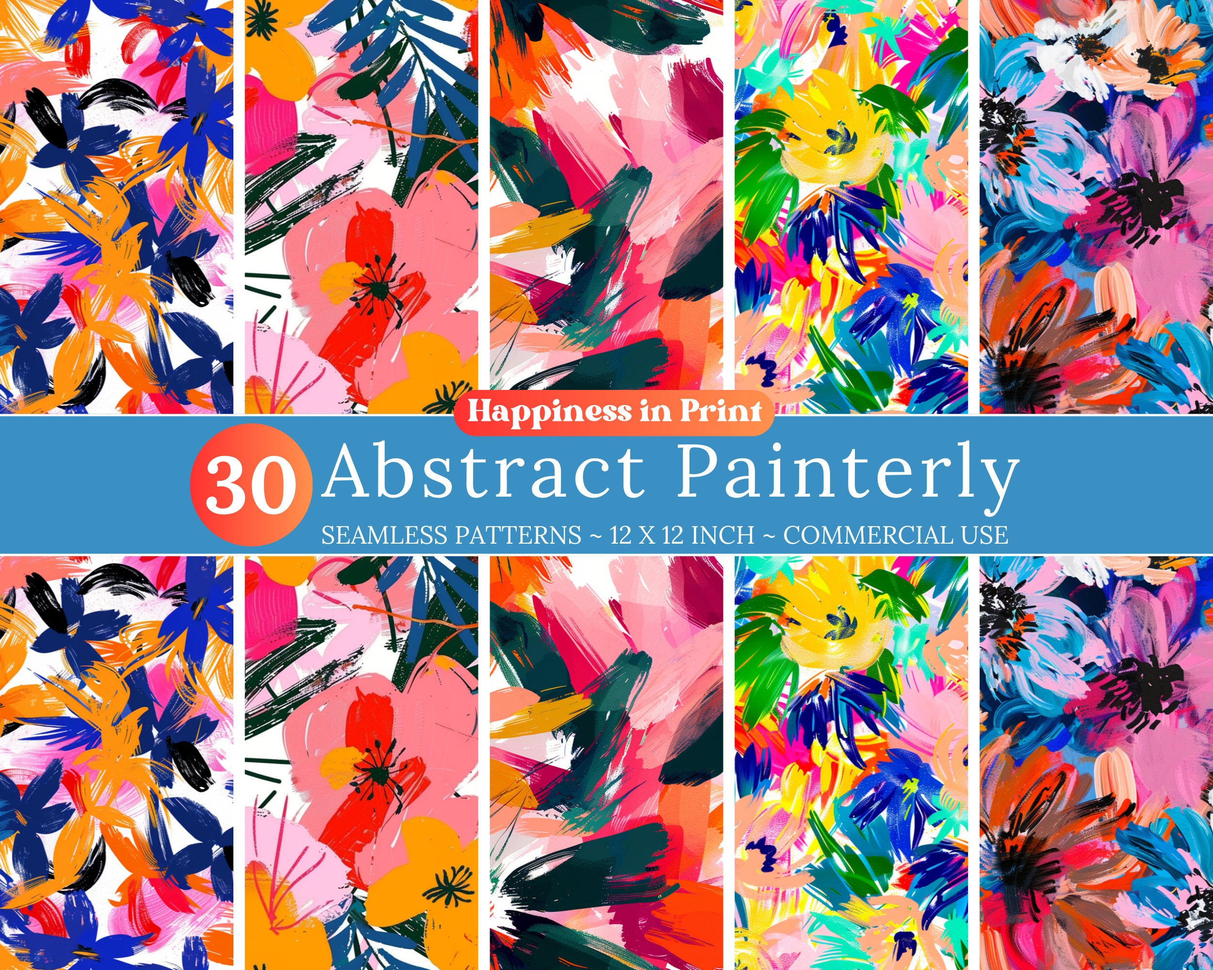 30 Painted Abstract Floral Pattern Set, Seamless Painted Floral ...