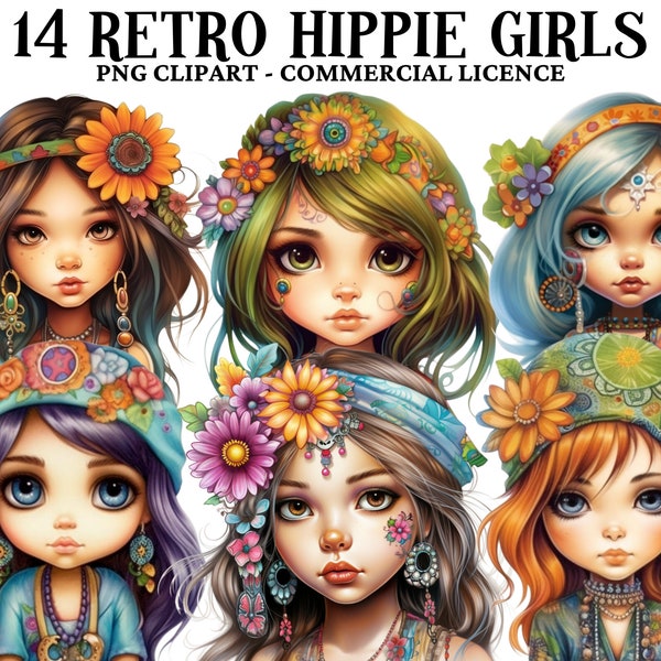 Watercolor Hippie Girl Clipart Summer Girls Hair Girl Retro Girl Clipart Vintage Girl PNG Scrapbook Junk Journal Paper Crafts Scrapbook