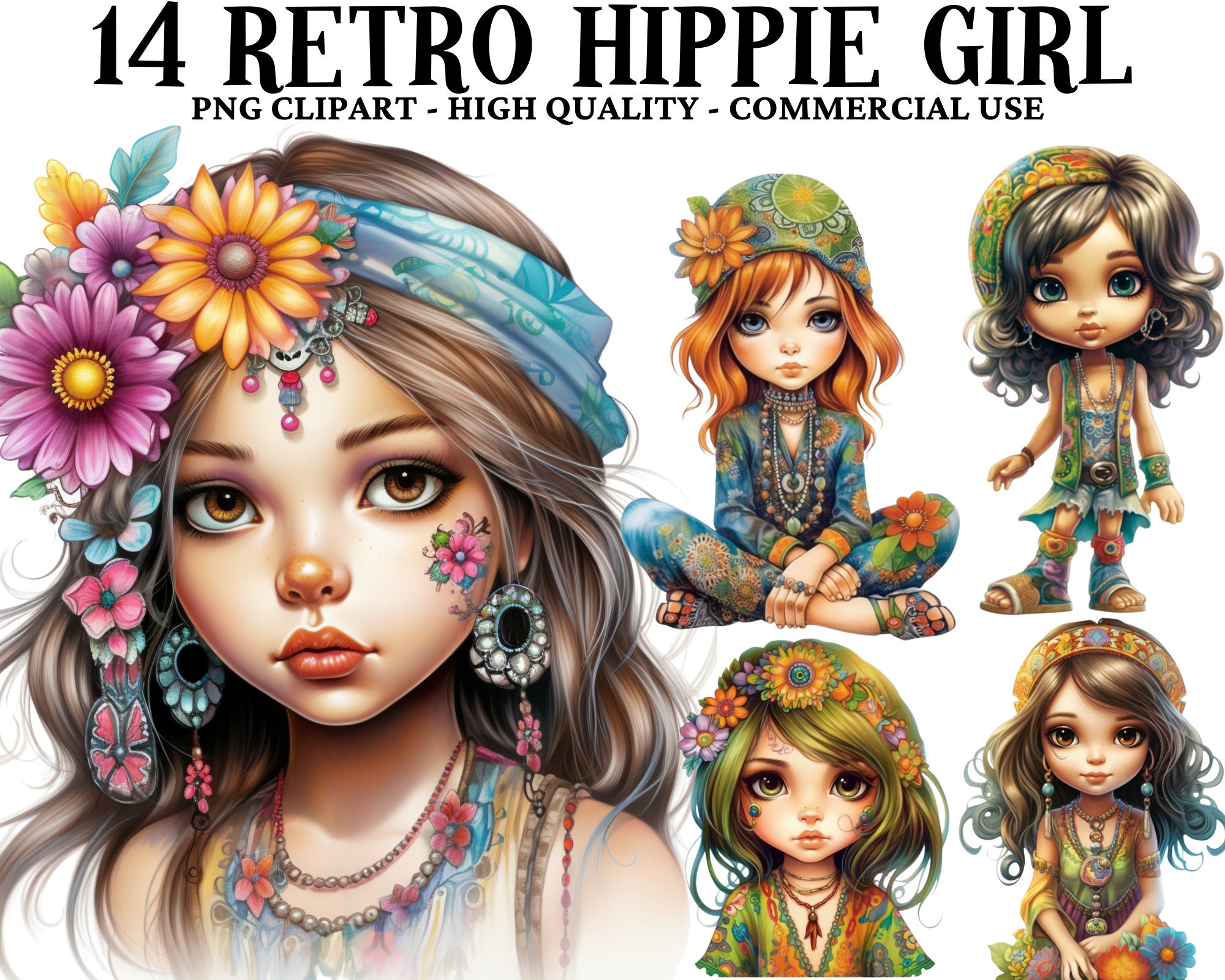 Watercolor Hippie Girl Clipart Summer Girls Hair Girl Retro Etsy