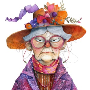 Clipart di vecchie signore divertenti ad acquerello, PNG di vecchie signore stravaganti, grafica di donne eccentriche, adesivi per download digitale di clipart di nonne dei cartoni animati carini