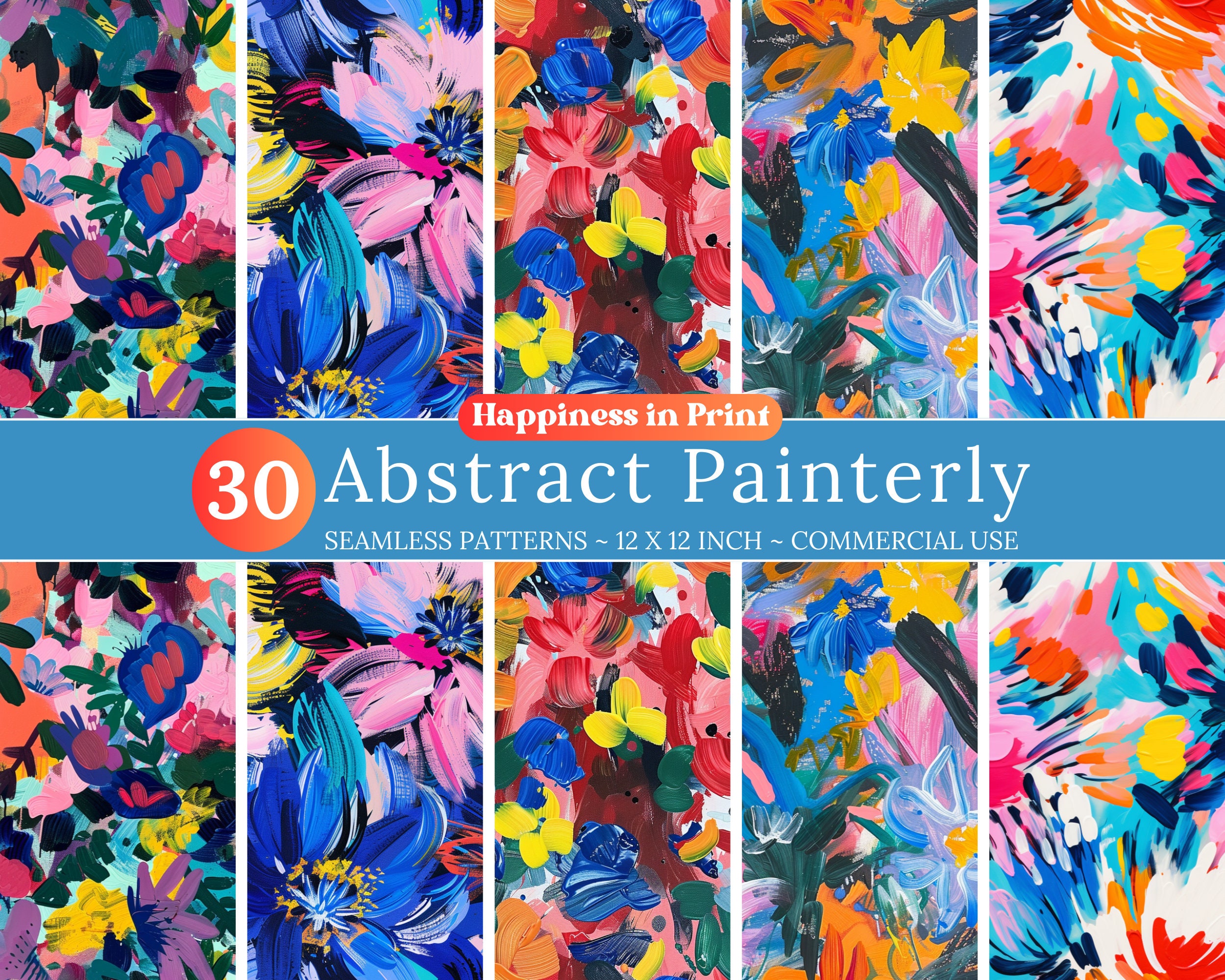 30 Painted Abstract Floral Pattern Set, Seamless Painted Floral ...