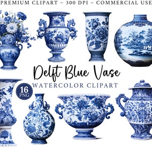 Chinoiserievaasbloem, gemberpot clipart aquarel grafische bundel, 16 png-set, blauwe bloemen, Delfts porselein png, commercieel gebruik