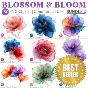 180 Bundle Abstract Flowers Clipart Flower PNG Transparent Print Watercolor Silver Flower Clipart Floral Watercolor Paper Craft Gold Flower