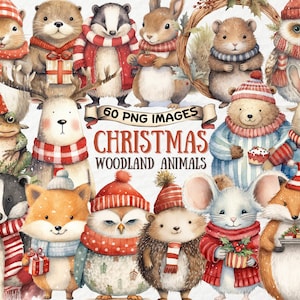 60 Christmas Woodland Animal Clipart PNG Christmas Clipart Bundle Forest Animal PNG Card Stock Christmas Bear Owl Fox Rabbit Hedgehog Mouse