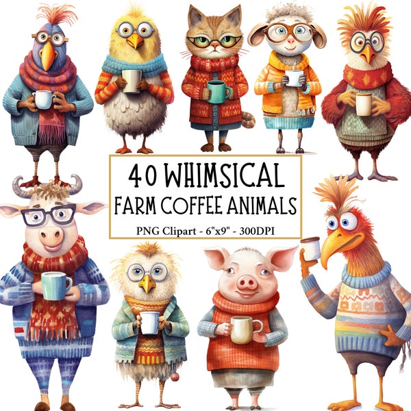 Whimsical Farm Coffee Animals Clipart Mixed Media Quirky Animals CU Clip Art Animal Coffee Graphics PNG Whimsical Elements Funny Farm Paper