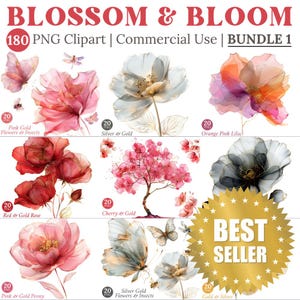 180 Bundle Abstract Flowers Clipart Flower PNG Transparent Print Watercolor Silver Flower Clipart Floral Watercolor Paper Craft Gold Flower