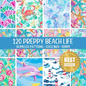 May include: A collection of 120 seamless patterns with a beach theme. The patterns feature watercolor illustrations of seashells, crabs, jellyfish, seahorses, and dolphins. The text reads "120 Preppy Beach Life".