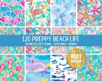 120 Preppy Sea Life zeemeermin koraal vuurtoren herhalend patroon - digitaal papier - Sealife-ontwerp - naadloos oceaanpatroon Bloemencadeau voor haar
