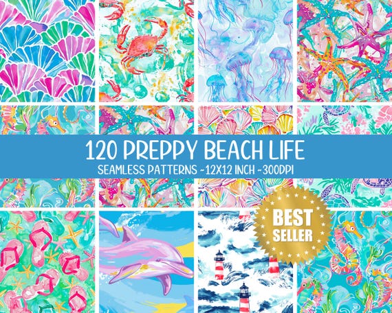 120 Preppy Sea Life Mermaid Coral Lighthouse Repeating Pattern - Digital Paper - Sealife Design - Seamless Ocean Pattern Floral Gift for Her