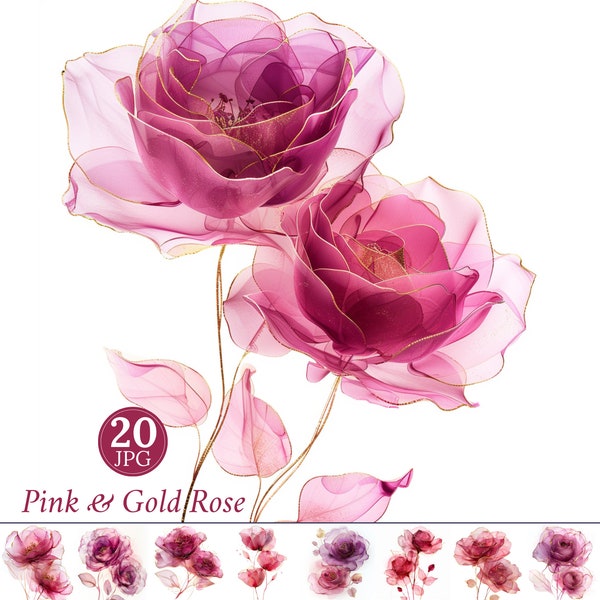 20 Abstract Flower Clipart Watercolor Pink Rose Clipart JPG Watercolor Pink Floral Paper Craft Abstract Art Gold Rose Wall Art Junk Journal