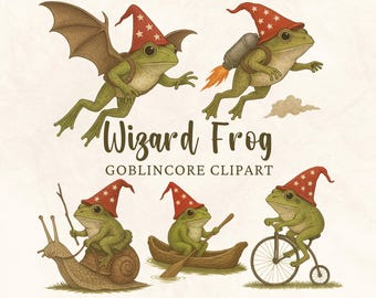 Goblincore Clipart Wizard Frog, Cottagecore groene heks clipart, kikker en pad afdrukbare sublimatie, digitale stickers, Fairycore clipart