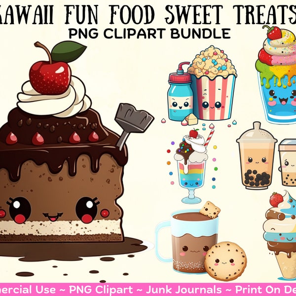 Cute Kawaii Fun Food PNG Clipart Bundle Chibi Popcorn Icecream Clipart Bundle Free Commercial Use Print On Demand Cute Milkshake Sublimation