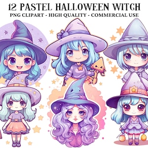 Pastel Halloween Clipart Kawaii Halloween Witch PNG Halloween Clipart Bundle Commercial Use Junk Journal Sublimation Scrapbook Card Stock