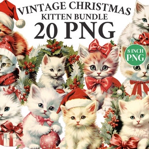 Vintage aquarelle Noël chaton Clipart chat de Noël vintage PNG indésirable journal agenda numérique collage Noël sublimation cartes de visite