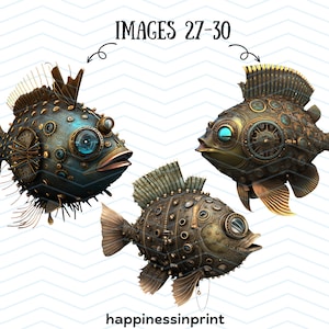 30 Steampunk Sea Creatures Clipart Bundle Steampunk Shark Whale Crab PNG Pack Digital Download Free Commercial Use Print On Demand Steampunk image 10