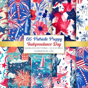 120 preppy Independence Day digitaal papier, naadloze patronen voor afdrukbaar plakboek, Instant Download, Amerika, 4 juli, Amerikaanse vlag