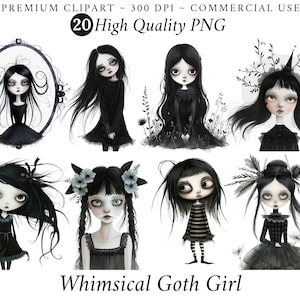 Gothic Girl Clipart, Transparent PNG, Watercolor Emo Paper Dolls, Junk Journal Halloween Characters, Fairytale Art, Dark Fantasy Clip Art