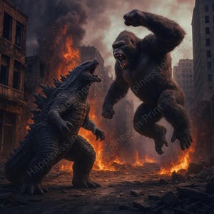 ゴジラ対キングコングのフォトリアリスティックな戦闘シーン | 都市火災跡デジタルアート | モンスターウォールアートプリント | 映画風インテリア