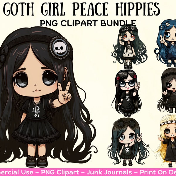 Cute Kawaii Goth Girl Peace Sign Hippy Clipart Chibi  Bundle Free Commercial Use Print On Demand Goth Girl Peace Hippies Png Bundle Digital