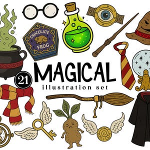 Puede incluir: Un conjunto de ilustraciones con temática mágica. Incluye un caldero, una botella de poción, una varita, gafas, una caja de ranas de chocolate, un sombrero seleccionador, una bufanda, una corbata, una bola de cristal, una escoba, una capa y otros elementos fantásticos. También está presente el texto "MAGICAL illustration set".