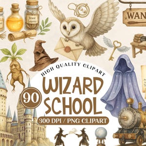90 Watercolor Wizard School Clipart | Owl Wand Book | Transparent PNG - Watercolor Clipart - Birthday Clipart - Kids PNG - Magic Potion PNG