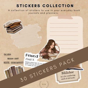 Pode incluir: Uma coleção de 30 adesivos com tema de livros com ilustrações de livros, uma menina lendo e definições de texto. Os adesivos estão em um fundo marrom com o texto "30 Stickers Pack".