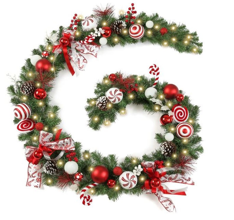 Prelit Flocked Christmas Garland With Red Balls Berries Etsy