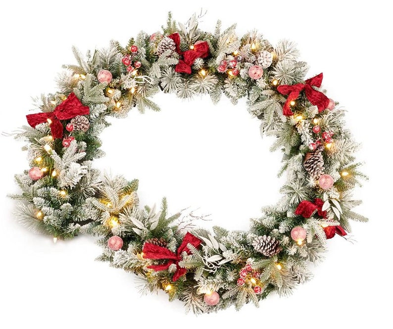 Prelit Flocked Christmas Garland With Red Balls Berries Etsy
