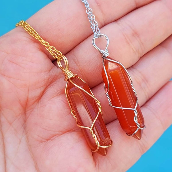 Carnelian necklace Natural stone Hand Wire Wrapped Handmade Crystal Necklace  Gold Wire Wrapped Carnelian Healing Crystal Point Necklace