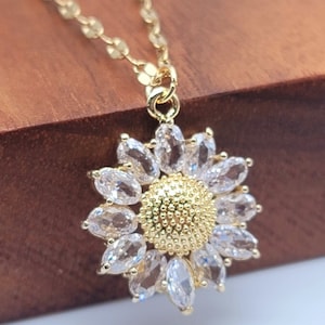 Sunflower Necklace - Trendy Butterfly necklace Gold tone - Gift for her Sunflower pendant Flower Charm, Pendant with White Crystals