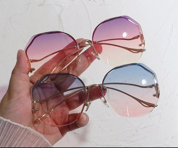 Randlose Sonnenbrille Damen Blau Metall Damen/Herren & Objektiv Eyewear Cut gebogene Rosa. Champagnerfarbe beschnitten Ocean Water