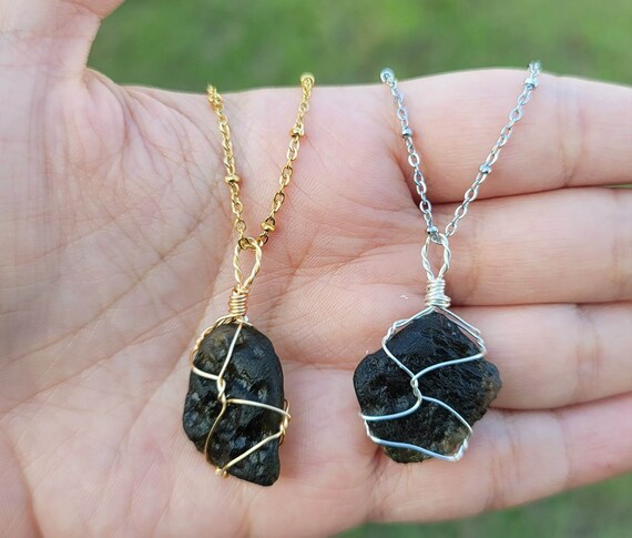 100 Raw Crystal Moldavite Pendant Necklace Gold Wire Wrapped