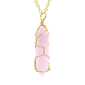 Natural Handmade Crystal Necklace  Gold Wire Wrapped Rose Quartz Healing Crystal Point Necklace Gold tone Handmade Self love necklace