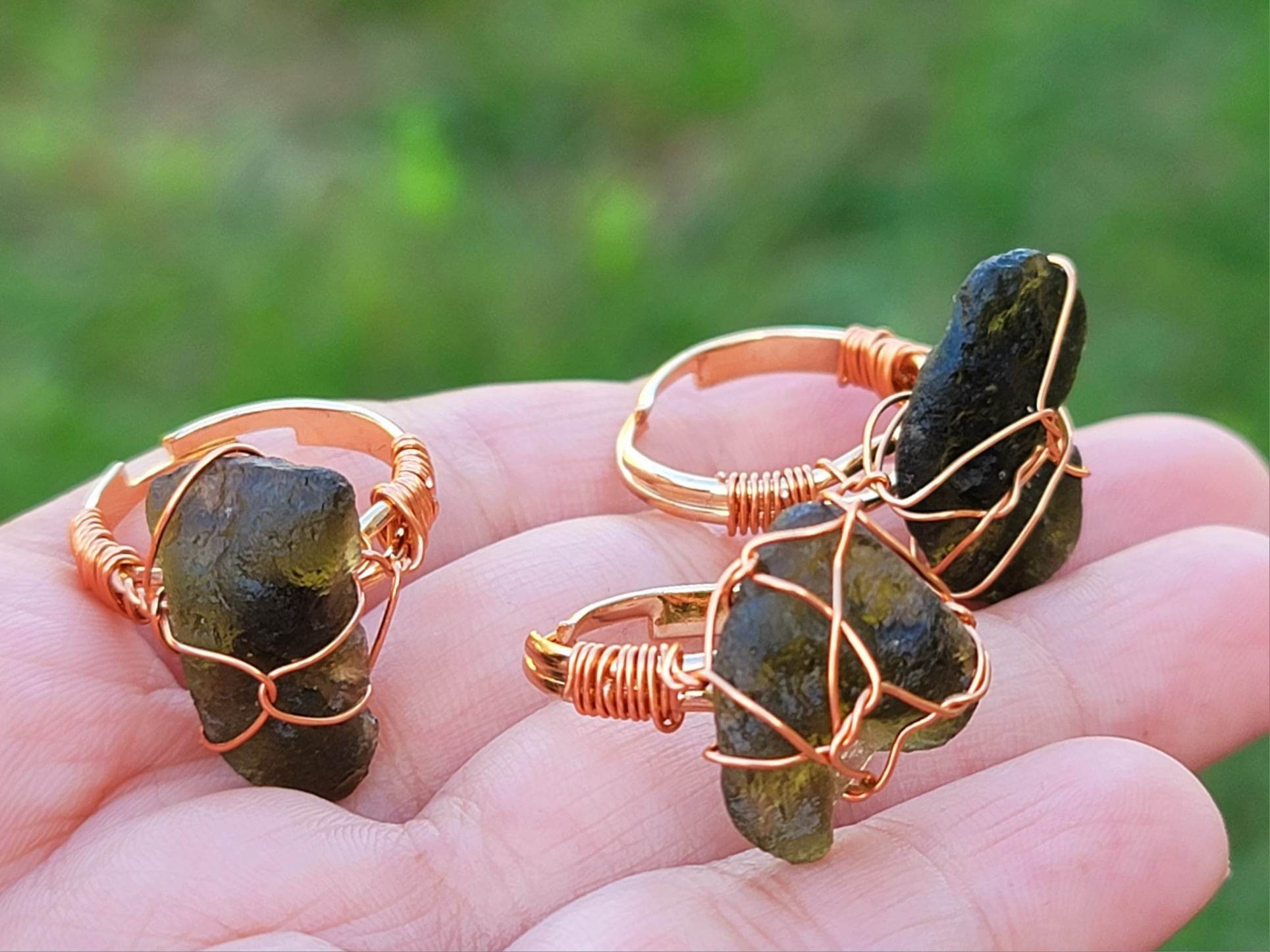 100 Natural Raw Moldavite Rings Wire Wrapped Genuine Moldavite