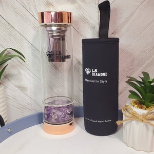 Rose Gold Crystal Elixir Infused Gem Water Bottle – with Tea Infuser – Wellness Glass Stainless Steel (AMETHYST)