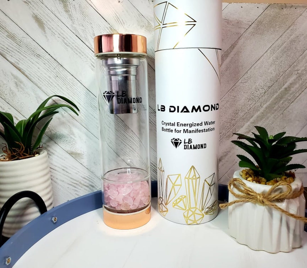 SAOI Crystal Water Bottle - Rose Quartz Gemstone Infused Elixir - Natural Wellness Healing - Glass/Stainless Steel