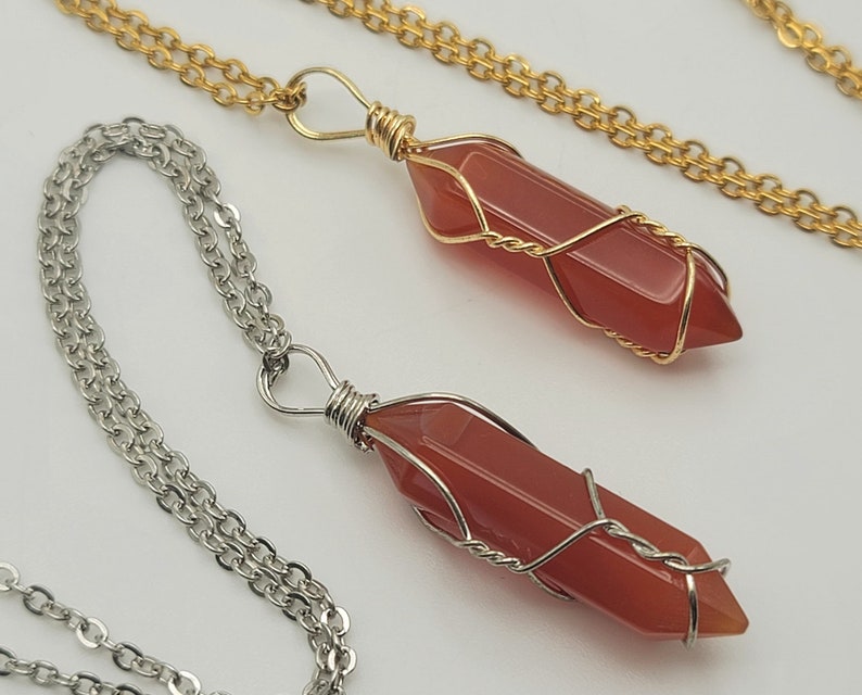 Authentic Natural Hand Wire Wrapped Handmade Crystal Necklace  Gold Wire Wrapped Carnelian Healing Crystal Point Necklace Gold tone Handmade 