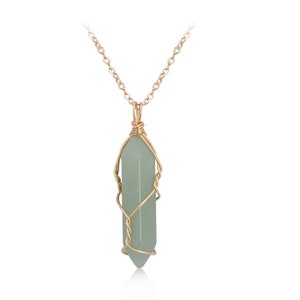 Natural Handmade Crystal Necklace  Gold Wire Wrapped Green Aventurine Healing Crystal Point Necklace Gold tone