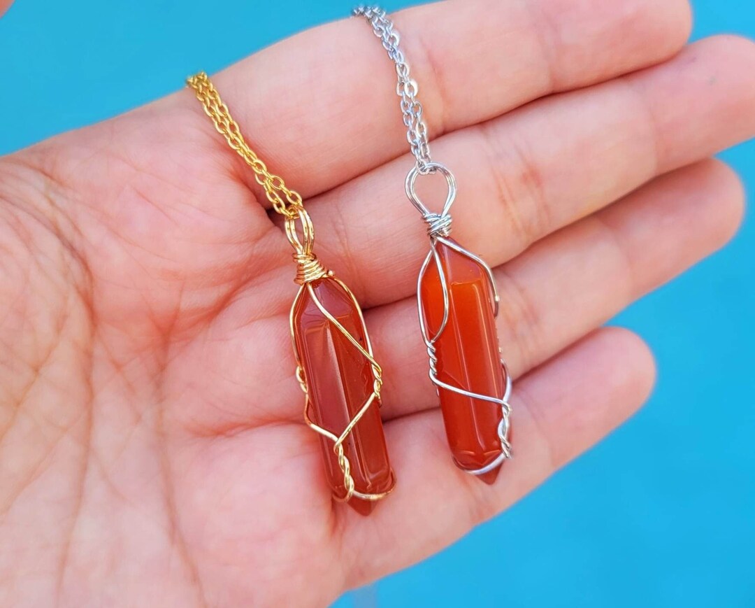 Carnelian Necklace Hand Wire Wrapped Handmade Crystal Necklace Gold Wire Wrapped Carnelian