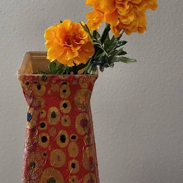 One of a kind Orange abstract Vase - Decoupage