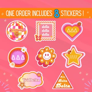 Tri Delta Stickers,Sorority Stickers, 8-Pack,Tri Delta Gifts,Waterproof Vinyl Decals,Retro Style Stickers,Hippie Aesthetic,Tri Delta Bid Day