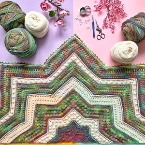May include: A colorful, star-shaped crochet blanket with a variety of yarn colors, including green, white, and purple. The blanket is surrounded by balls of yarn, scissors, and other crafting tools. The background is a mix of purple and pink.