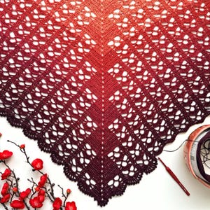 May include: A handmade crochet shawl in a gradient of red hues, from light orange to deep burgundy. The openwork design features a scalloped edge and a central point. A crochet hook and yarn are visible.