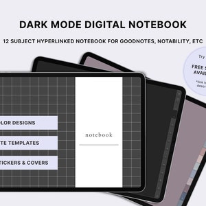 12 Hyperlinked Tabs Dark Mode Digital Notebook Horizontal/Landscape Version, Student Digital Notebook for GoodNotes, Notability, Noteshelf