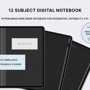Dark Mode Digital Notebook, 12 Subject Digital Notebook for GoodNotes Notability, Digital Student Notebook and Notes Template for Everyone