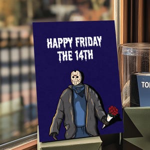 Joyeux vendredi 14 carte de Saint-Valentin A6 - carte d'horreur, Jason Voorhees, carte drôle, carte de voeux de Saint Valentin.