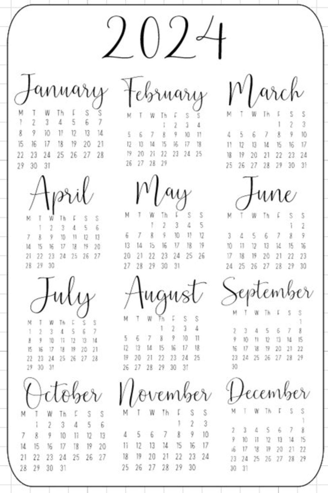 Stickers 2024 Calendar Months Calendar Grid Stickers Etsy