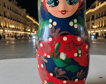 Rare Vintage Matryoshka - Set of 5 - Expressive Hand Painted Faces - Blue & Red - Nesting Dolls - Unique Gift - Collectible Dolls - Folk Art