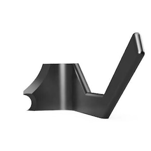 May include: Black plastic hook with a curved design. The hook is designed to hold items like coats, hats, or bags.