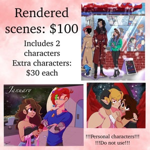May include: A digital illustration of a rendered scene featuring two characters. The scene is set on a snowy city street with a red brick building in the background. The characters are standing in front of a shop with a sign that reads "Open House". The illustration is available for purchase at &pound;80, with additional characters costing &pound;25 each. The text "!!!Personal characters!!! !!!Do not use!!!" is also included in the image.